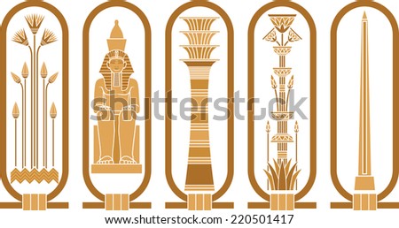 Egyptian icons with papyrus, sitting pharaoh, column-Udjat and obelisk in cartouches. Royalty-Free Stock Photo #220501417