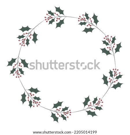 Wreath of green holly branches. Christmas clipart. Plant xmas symbol. home decoration
