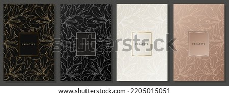 Elegant cover set with orchids. Floral pattern, gold and silver flower motif on black, platinum and delicate pink background. Vector pattern for weddings, luxury events, invitation, fashion and beauty