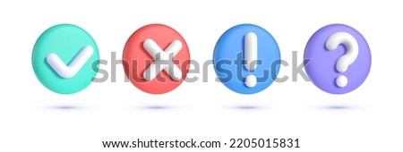 Check mark, cuestion mark, caution, cross 3d signs set. Realistic caution mark 3d for brochure design. White background. Vector illustration design Royalty-Free Stock Photo #2205015831