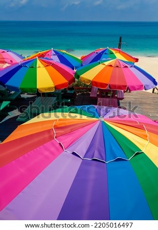 Colorful beach umbrellas in the tropical sunshine near sandy shoreline with a turquoise sea travel tourism Bahamas Caribbean