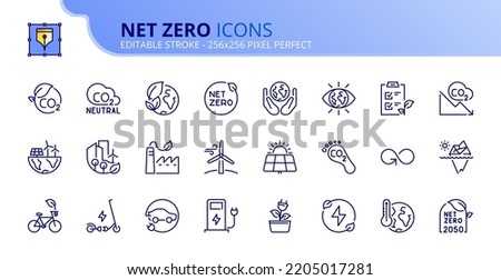 Line icons about net zero. Sustainable development. Contains such icons as green energy, CO2 neutral, save Earth, climate action. Editable stroke Vector 256x256 pixel perfect Royalty-Free Stock Photo #2205017281