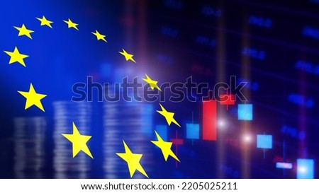 A Stock market background with a Flag of the European Union and market charts Royalty-Free Stock Photo #2205025211
