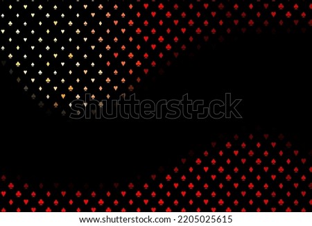 Dark red vector texture with playing cards. Illustration with set of hearts, spades, clubs, diamonds. Design for ad, poster, banner of gambling websites.