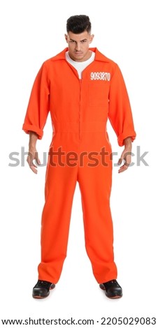 Prisoner in orange jumpsuit on white background Royalty-Free Stock Photo #2205029083