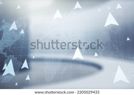 Double exposure of abstract virtual world map with pins hologram on empty modern office background. Geolocation tracking and transportation concept