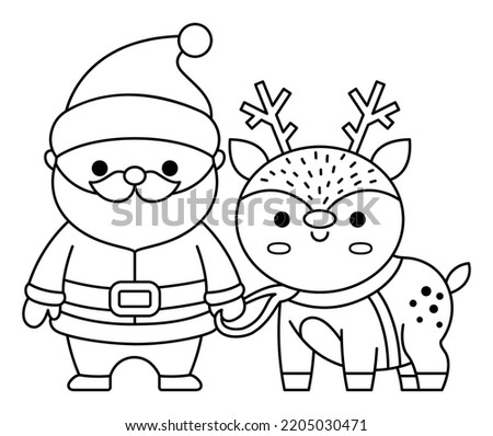Vector black and white kawaii Santa Claus with deer. Cute Father Frost illustration isolated on white. Christmas, winter or New Year character with reindeer. Funny line icon or coloring page
 Royalty-Free Stock Photo #2205030471