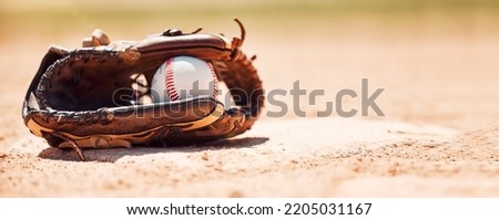 Baseball field, softball and ball, glove and base plate on pitch ground, field and turf outdoors for competition, game or match. Background for sports homerun, strike and training contest equipment