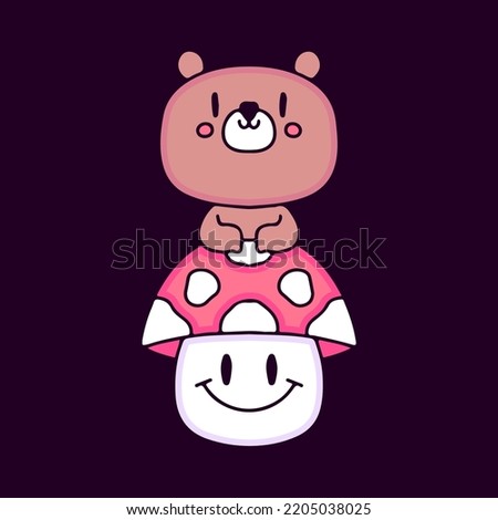 Kawaii bear with mushroom cartoon, illustration for t-shirt, sticker, or apparel merchandise. With modern pop style.