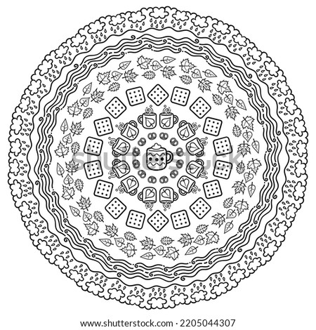 Mandala with Cozy Autumn Ornaments. Arabic, Indian, Moroccan, Spain, Turkish, Islamic, Chinese Design Elements. Vector circular oriental pattern. Coloring book page. Isolated on white background.