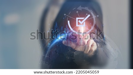 Corporate regulatory and compliance. Goals achievement and business success. Task completion. Software and digital technology supporting ethical corporate. Do the right thing. Quality and ISO symbol.  Royalty-Free Stock Photo #2205045059