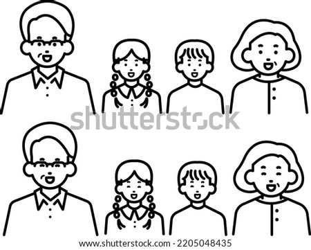Clip art of grandparents and grandchildren, set of different expressions, line drawing.