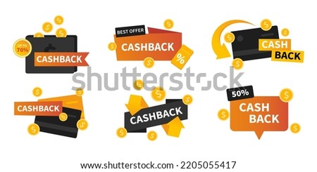 Vector set with cashback labels. Business cash back icon collection. Return of money from purchases. Modern cashback banners.