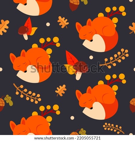 Autumn pattern with a fox on a blue background. Cute background pattern for design. Vector illustration.