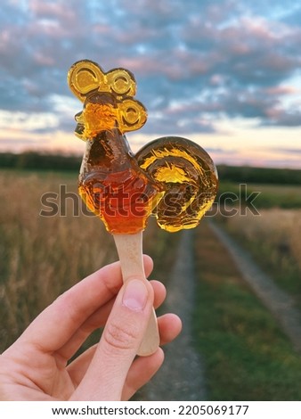 Traditional russian sugar lollipop made in the shape of cockerel on a wooden stick in the hand. Rooster sugar candy. Russian countyside aesthetic.