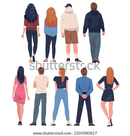 People Characters Standing in Row Back View Vector Illustration Set Royalty-Free Stock Photo #2205080827