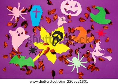 creative purple halloween wallpaper, ghosts and spiders all over wallpaper, flat lay, paper craft, autumn-halloween