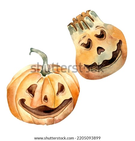 Set of halloween holiday pumpkins watercolor illustration isolated on white background.