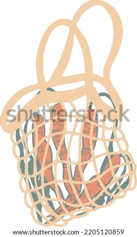 mesh bag with carrots for eco friendly living isolated vector. Fashion buyer of the Vegan Zero Waste concept. Colorful hand drawn vector illustration for banner, postcard, poster