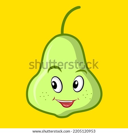 Smiling cute pear fruit, clip art isolated on yellow background suitable for sticker print design, illustration or collection.