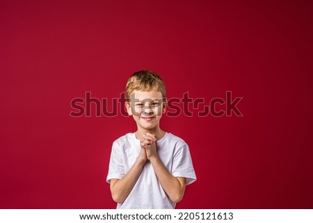 Portrait of a happy little boy of 7 years old, smiling sweetly, standing on a red background in the studio. The child is positive and looks confidently at the camera. Advertising