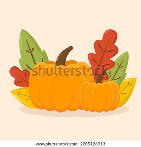 Background with pumpkins and leaves. Seasonal design for greeting or poster. Decorative image of autumn. Vector illustration

