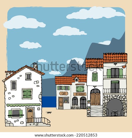 View of old European houses. Hand drawn sketch in cartoon style. Vector illustration.