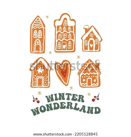 Christmas sign - Winter Wonderland with cute houses gingerbread. Vector Winter quote in retro groovy style. Royalty-Free Stock Photo #2205128845
