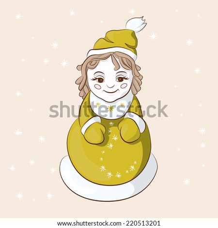 Maiden girl from the family of snowmen in the yellow coat
