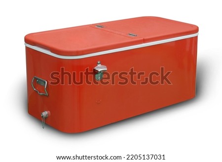 Handheld Red refrigerator ice cool box, cool-box two top caps Red plastic bucket for chilling drinks is a bottle opener with a crimped lid isolated over white background. This has clipping path.