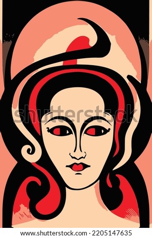 Poster with portrait of a painted face of a woman. Hand painted artistic and surreal abstract illustration. Hand draw. Colorful heritage female woman face painted with watercolor crayons