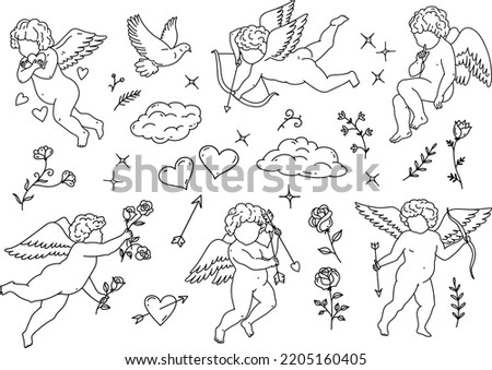 Vector romantic set of design elements for Valentine's Day. Linear illustrations of cupid, flowers, hearts, clouds and steles. Royalty-Free Stock Photo #2205160405
