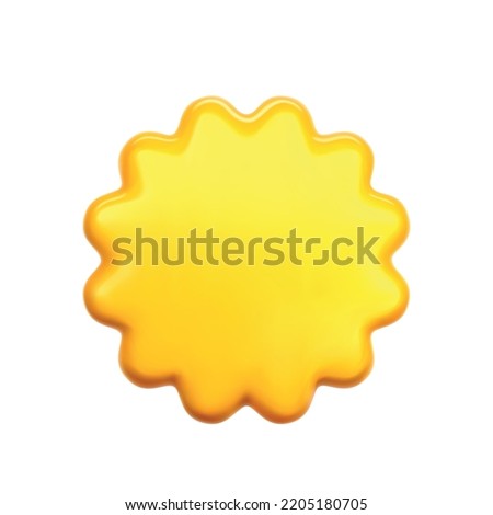 3d vector realistic yellow sticker tag illustration. Round price button, product quality poster, application element with volume. Glossy shiny promotion piece. Flower shaped tag, soft 3d polygon Royalty-Free Stock Photo #2205180705
