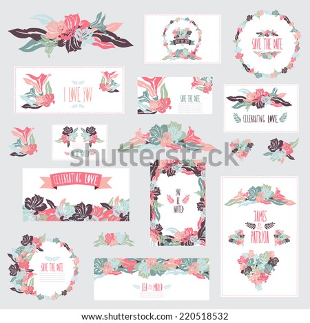 Elegant cards with floral hibiscus bouquets, hearts and wreath, design elements. Can be used for wedding, baby shower,mothers day,valentines, birthday cards, invitations. Vintage decorative flowers.