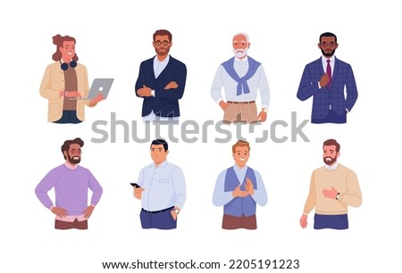 Collection of male avatars of businessmen and office employees. Close-up vector cartoon illustration of men of different ages and ethnicities in office outfits. Isolated on white background Royalty-Free Stock Photo #2205191223