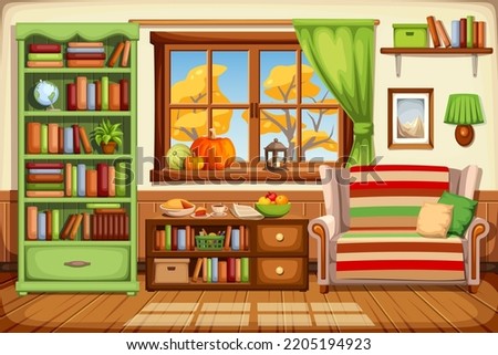 Cozy autumn living room interior with a sofa, a bookcase, and autumn trees outside the window. Cartoon vector illustration