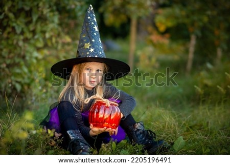 a cute little girl in a witch's outfit grimaces and holds a large pumpkin lantern in her hands, a witch's Halloween outfit, traditional entertainment with children