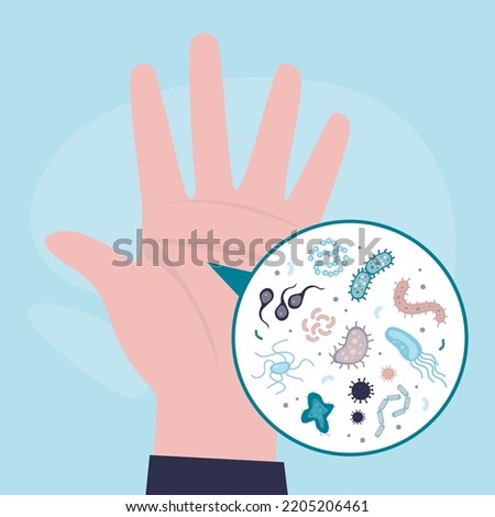 Dirty human hand, various microorganisms and bacterias on the palm. Unsanitary conditions, various pathogens and parasites on an unwashed hand. Health care, microbiology. Flat vector illustration Royalty-Free Stock Photo #2205206461