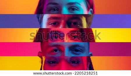 Diversity. Vertical composite image of close-up male and female eyes isolated on colored neon backgorund. Multicolored stripes. Concept of equality, unification of all nations, ages and interests Royalty-Free Stock Photo #2205218251