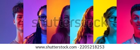 Happy students. Collage made of half of male and female faces expressing different emotions. Rights, diversity, equality, unification of all nations, ages and interests. Flyer, banner for ad Royalty-Free Stock Photo #2205218253