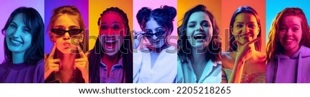 Delight. Happy smiling young girls looking at camera on multicolored background in neon. Collage made of women's portraits. Emotions, equality, unification of all nations, ages and interests.