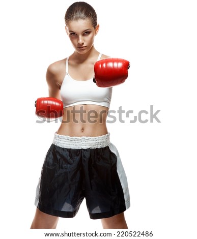 Boxing girl / portrait of healthy sport brunette girl on white background 