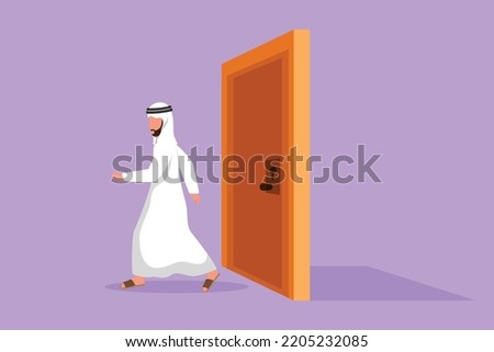 Cartoon flat style drawing Arab businessman walking and leaving closed door. Business ventures. Entrepreneur entering new market. Career growth or vision metaphor. Graphic design vector illustration
