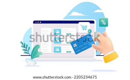 Webshop buying - Hand with credit card paying on online web shop on laptop computer. Vector illustration with white background Royalty-Free Stock Photo #2205234675