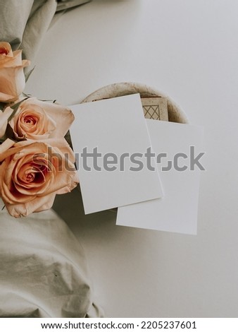 Modern wedding stationery set, double cards, 5x7, Greeting cards, invitations mock ups. Roses. Beige, neutral, earthy boho marble background. 