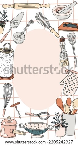 Cooking tools and culinary concept. Social media stories template. Vector background with hand drawn kitchen utensils. 