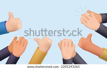 3D Human hands clapping. People crowd applaud to congratulate success job. Hand thumbs up. Business team cheering and ovation 3D render vector Illustration support celebration, appreciation friendship Royalty-Free Stock Photo #2205243265