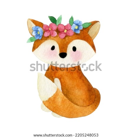 cute watercolor drawing. little fox, with flowers. funny character for kids. baby, scrapbooking