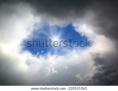 hole of blue sky in the dark clouds 