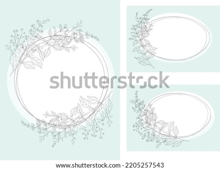 Invitation  green card with linen wreath sketch.  Line art vector wildflowers sketch. Line drawn leaves and branches